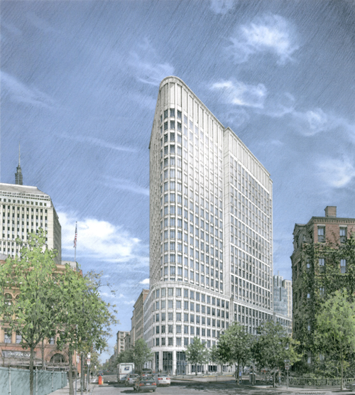 Pencil rendering of the Proposed LIberty Mutual tower for Boston, the view is taken from Berkeley and Cortes Street, eyelevel