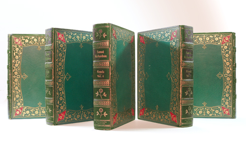 Samuel's "Pamela"; in Deluxe Bindings; Five Volumes in Full Green Crushed Morroco; Boards of Wide Borders in an Art Nouveau style, four Bright Scarlet Tulipform onlays on each board, and three Red Rose Onlays in the spine compartments (55 onlays in all); Spines sunned, here digitally retouched to approximate the original green