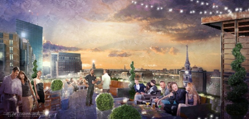digital photoshop illustration of a roof deck for the Park Plaza Roof, Boston